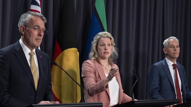 Attorney-General Mark Dreyfus, Home Affairs Minister Clare O'Neil Immigration Minister Andrew Giles hold a press conference at Parliament House in Canberra. Picture: NCA NewsWire / Martin Ollman