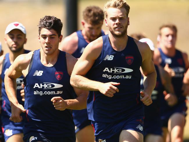 Jack Watts and Christian Petracca in action during a running session this pre-season. Picture: Getty