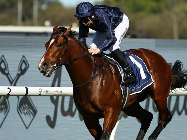 SYDNEY, AUSTRALIA - AUGUST 31: Adam Hyeronimus riding Storm Boy wins Race 6 Smithfield RSL San Domenico Stakes during Sydney Racing at Rosehill Gardens on August 31, 2024 in Sydney, Australia. (Photo by Jeremy Ng/Getty Images)