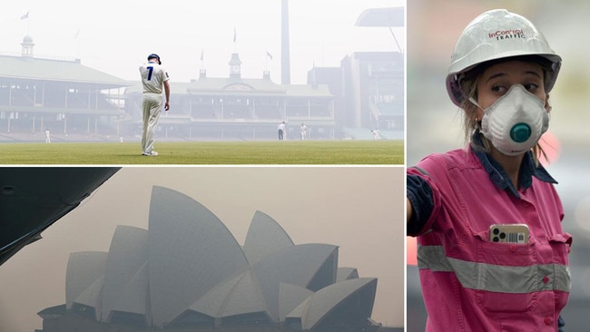 Sydney choking on smoke: the scene at the Sheffield Shield match at the SCG, top left; smoke cloaks the Opera House, bottom left;, and a traffic co-ordinator dons a smoke mask to work in the CBD. Pictures: AAP/Toby Zerna/AFP