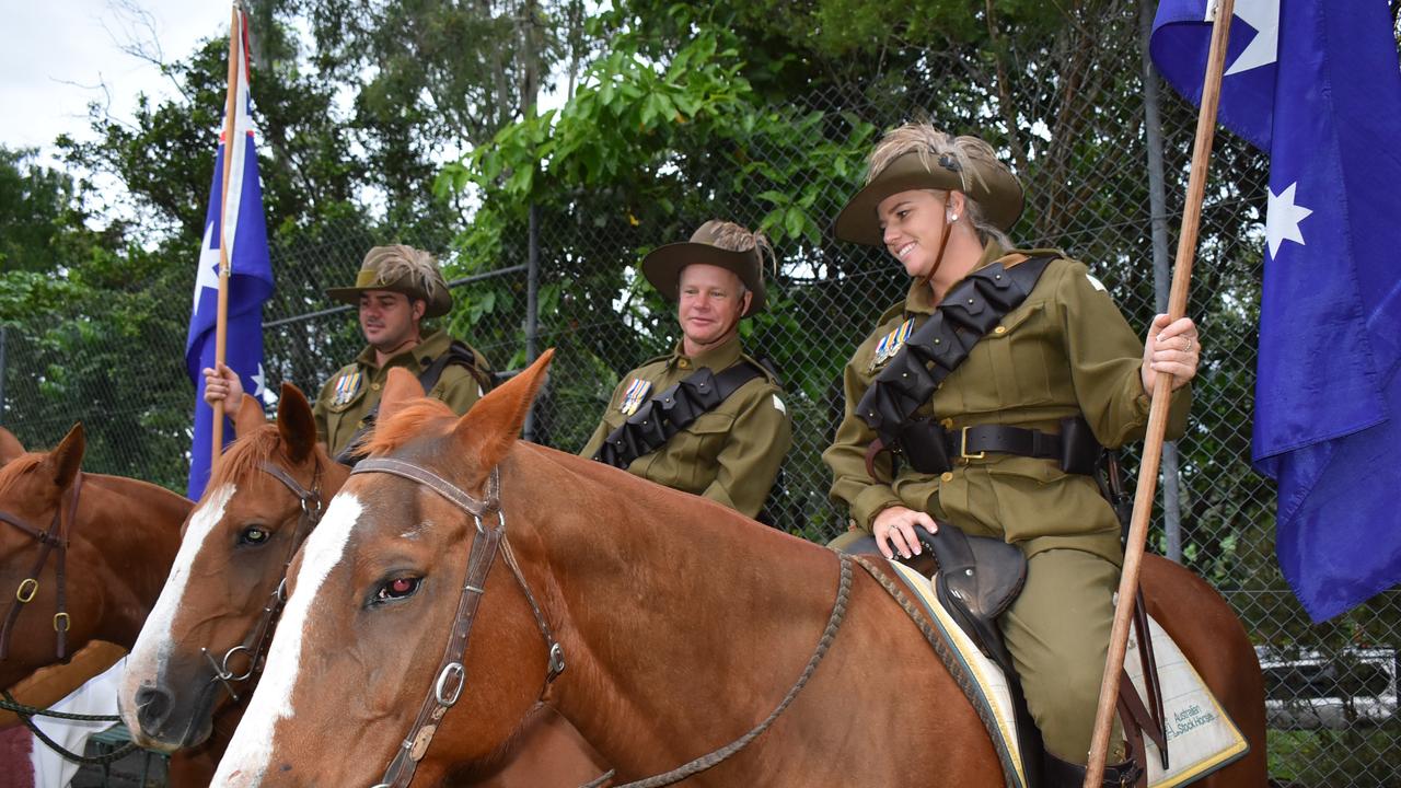 Ellise Burston, John McGill and Ben Burston riding to honour the ANZAC Light Horse infantry at the Kuttabul dawn service at the Hampden State School Remembrance Garden 2021. Picture: Lillian Watkins