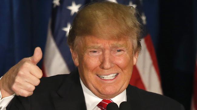 Republican presidential candidate Donald Trump gives a thumbs-up as he speaks at campaign stop, Thursday, March 2, 2016, in Portland, Maine. (AP Photo/Robert F. Bukaty)