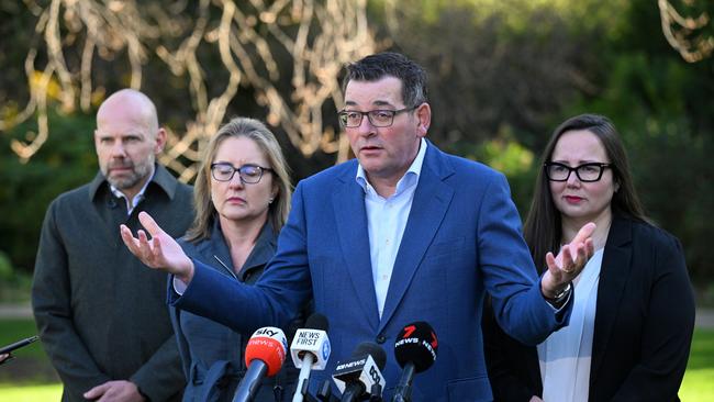 Victoria 2026 Commonwealth Games Organising Committee chief executive Jeroen Weimar, left, Deputy Premier Jacinta Allan, Premier Daniel Andrews and Regional Development Minister Harriet Shing in Melbourne on Tuesday. Picture: AAP