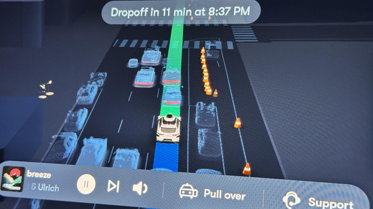 Waymo passengers can see wht the car ‘sees’ on screens in the front and rear. Picture: David McCowen