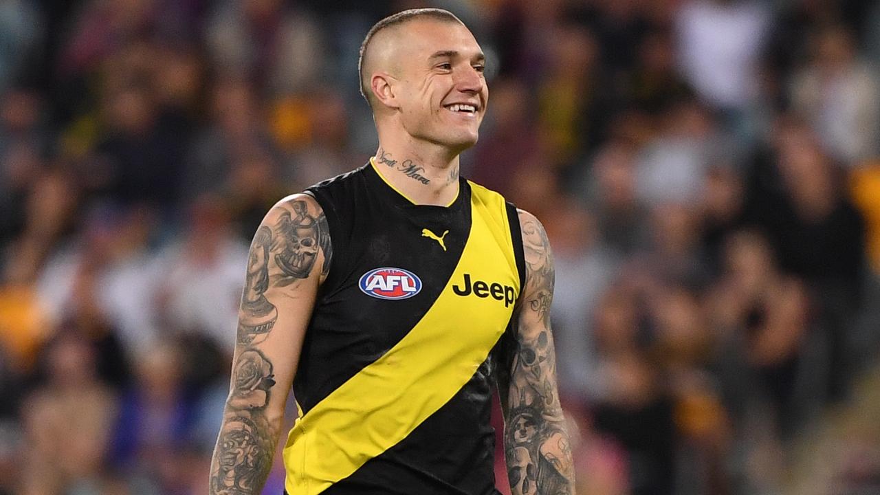Dustin Martin kicked six goals in Richmond’s qualifying final win over Brisbane. (AAP Image/Dave Hunt)