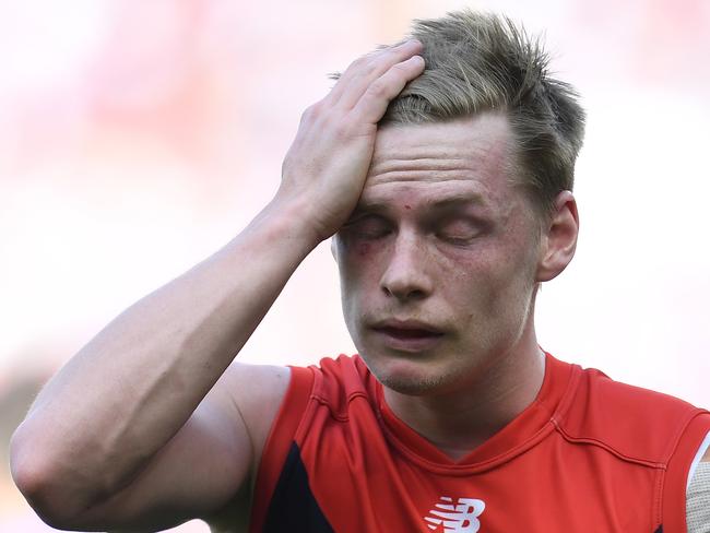 Charlie Spargo of the Demons reacts after missing a shot on goal during the Second Preliminary Final between the West Coast Eagles and the Melbourne Demons at Optus Stadium in Perth, Saturday, September 22, 2018. (AAP Image/Julian Smith) NO ARCHIVING, EDITORIAL USE ONLY