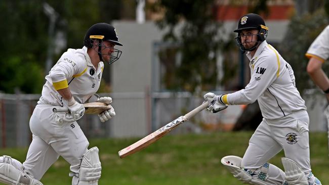 Sunshine United’s Matt Sipala and Leigh Sheridan push for runs. Picture: Andy Brownbill