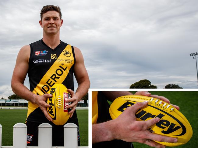 Glenelg SANFL premiership player Brad McCarthy at Glenelg Oval. Inset: McCarthy's hand. Picture: Matt Turner.