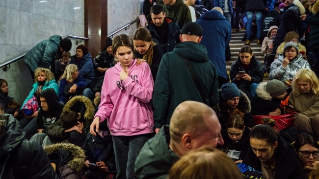 Hundreds of people seek shelter on Thursday as the Russian invasion of Ukraine continues in Kharkiv. Picture: MARCUS YAM / LOS ANGELES TIMES