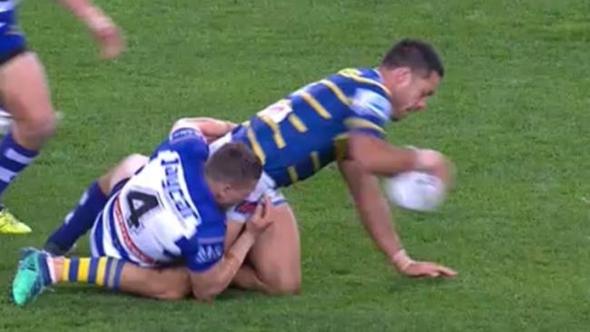 Hayne earns a penalty after being held down against Canterbury. Picture: Fox League