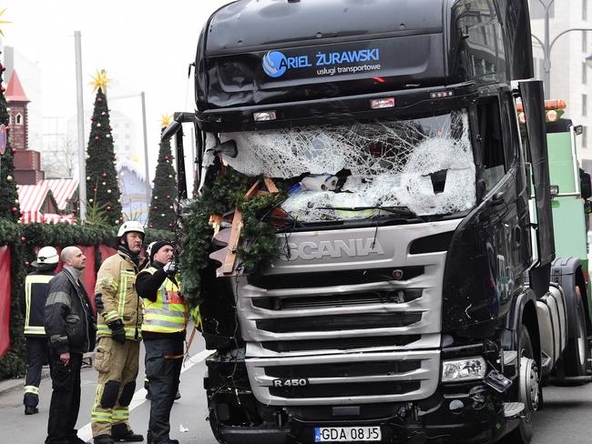 The truck that crashed into a Christmas market at Gedächtniskirche church in Berlin last year. Picture: AFP