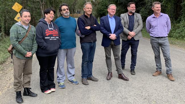 Ben Franklin MLC, Byron mayor Simon Richardson and Byron Shire Council's Director of Infrastructure Services, Phil Holloway with residents of Grays Lane in Tyagarah. Picture: Liana Turner