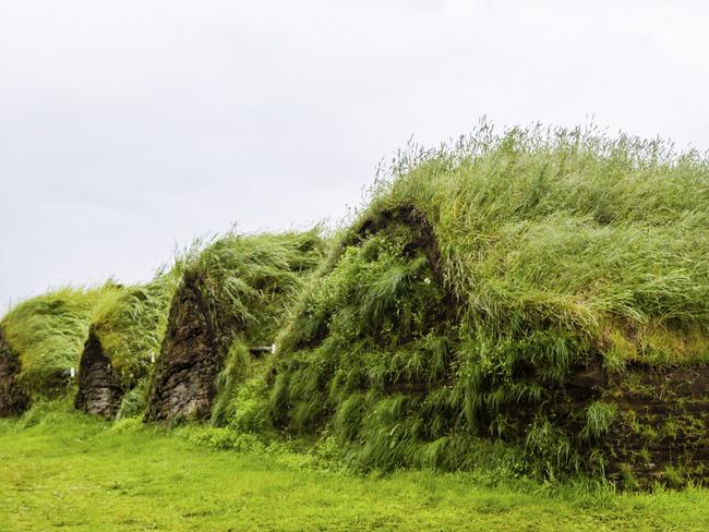 An old fashioned Icelandic house with a turf roof