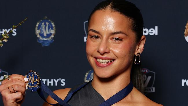 MELBOURNE, AUSTRALIA - SEPTEMBER 16: VFLW Best and Fairest (Lambert-Pearce Medal) Winner, Dom Carbone poses with their medal during the 2024 VFL and VFLW Awards at Crown Palladium on September 16, 2024 in Melbourne, Australia. (Photo by Morgan Hancock/AFL Photos/via Getty Images)