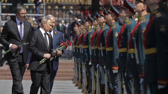 Russian President Vladimir Putin, second left, Serbian President Aleksandar Vucic, left, and Israeli Prime Minister Benjamin Netanyahu attend a wreath-laying ceremony at the Tomb of the Unknown Soldier in Moscow last week. (Pic: Mikhail Klimentyev/AP)