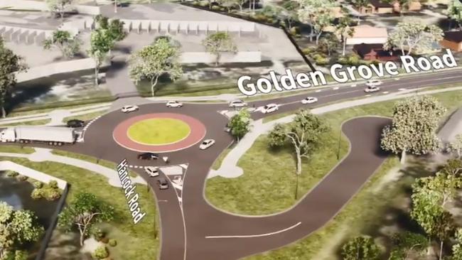 The Golden Grove Rd upgrade, showing the new roundabout with Hancock Rd