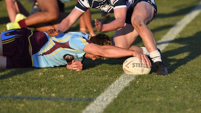 Seth Nikotemo goes over to score for Keebra Park against St Marys College in Langer Cup schoolboys rugby league at Toowoomba Sports Ground, Wednesday, August 26, 2020. Picture: Kevin Farmer