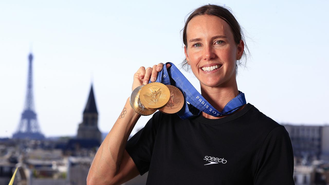 Emma McKeon with her Paris 2024 medal haul. Picture: Adam Head