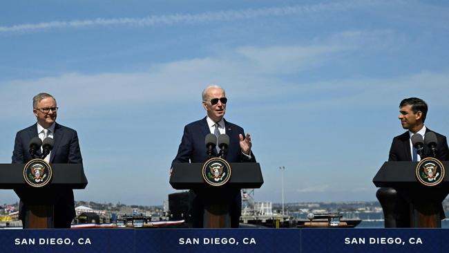 US President Joe Biden (C), British Prime Minister Rishi Sunak (R) and Australian Prime Minister Anthony Albanese (L) during the AUKUS summit in San Diego.