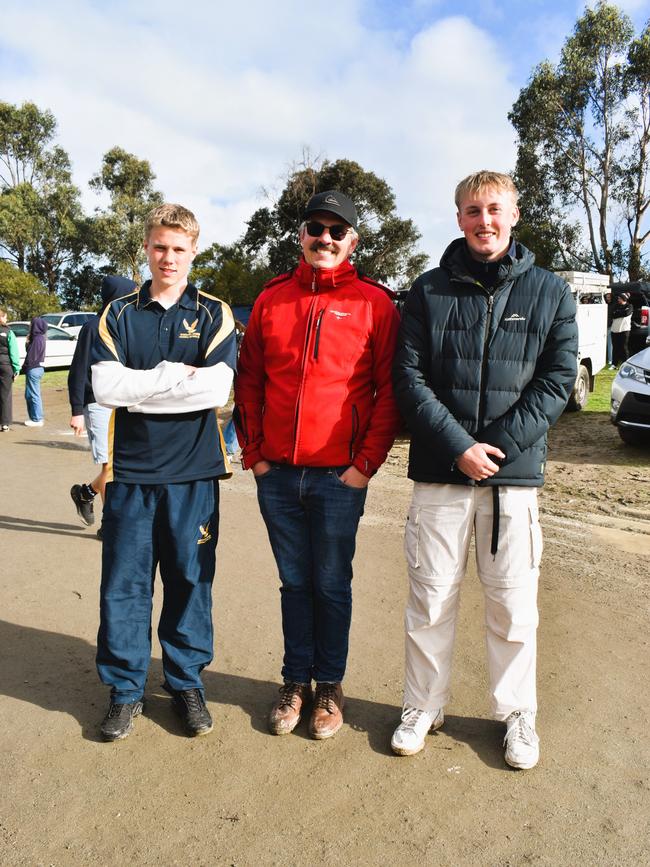 West Gippsland league grand final match 2024 — Phillip Island Bulldogs V Nar Nar Goon "The Goon" Football Club at Garfield Recreation Reserve on September 14, 2024: Patrick Dwyer, Hugh Wilson and Luca Allen. Picture: Jack Colantuono