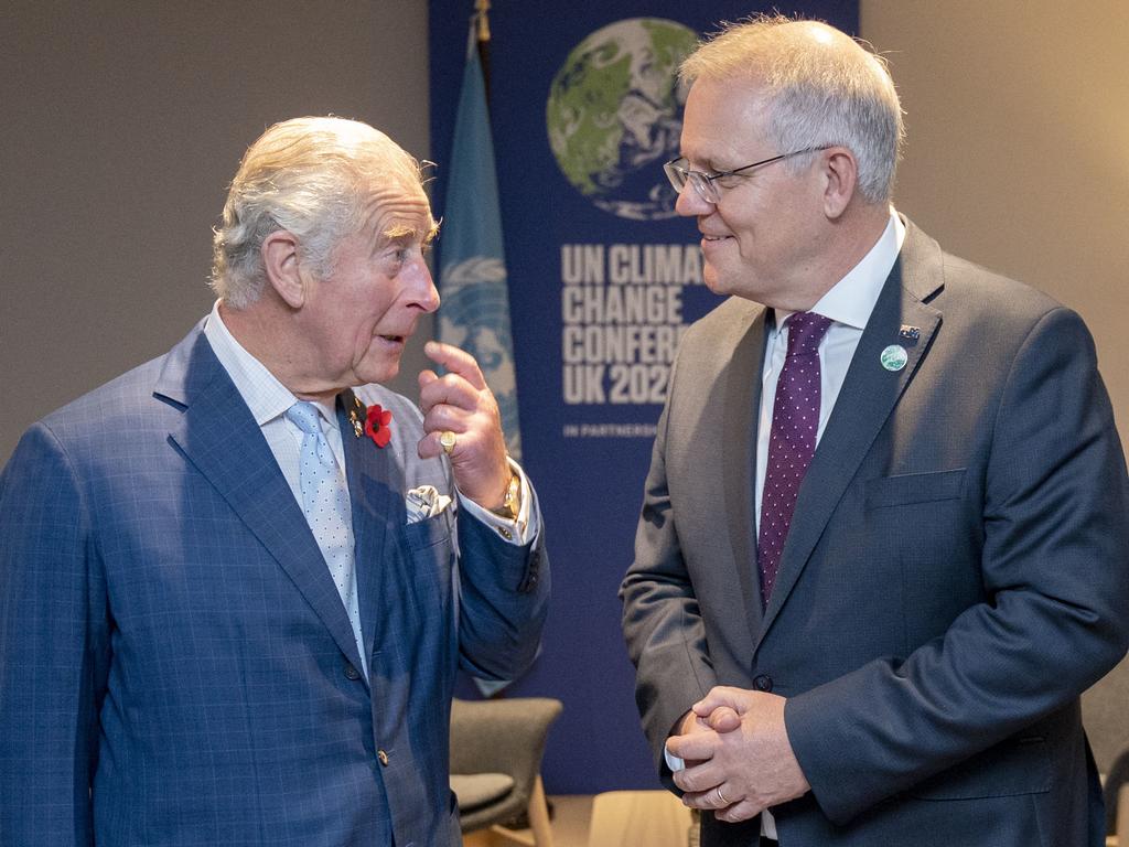 Britain's Prince Charles, Prince of Wales (L) meets with Prime Minister of Australia Scott Morrison during a bilateral meeting on the sidelines of the COP26 Climate Conference. Picture: Jane Barlow / AFP.