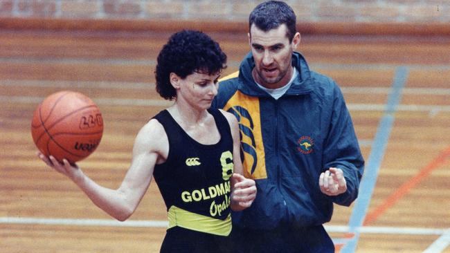 Sandy Brondello at training with coach Tom Maher in Adelaide in 1994.