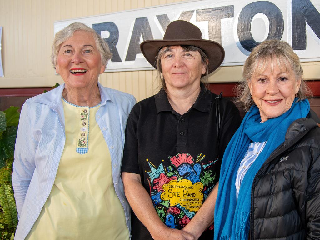 Claudia Stephenson (left), Helen Clulow and Beverley Bates on the inaugural trip for the restored "Pride of Toowoomba" steam train from Drayton to Wyreema. Saturday May 18th, 2024 Picture: Bev Lacey