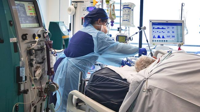 A nurse attends to a patient with Covid-19 in the ICU in a Sydney hospital. Picture Chris Pavlich for The Manly Daily