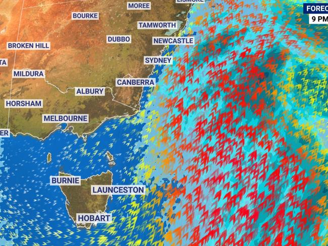 Fierce gales are lashing the east coast of Australia. Picture: Sky News Weather.