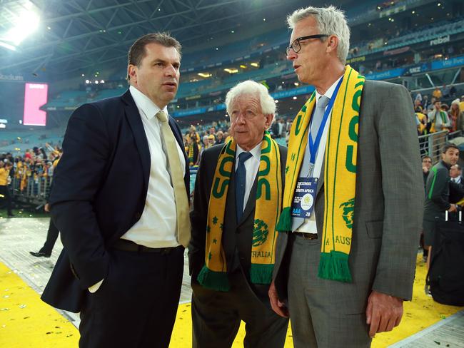 Frank Lowy with David Gallop and Ange Postecoglou.