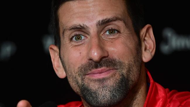 Serbia's Novak Djokovic holds a press conference during the finals group stage of the 2023 Davis Cup tennis tournament at the Fuente San Luis Sports Hall in Valencia on September 14, 2023. (Photo by JOSE JORDAN / AFP)