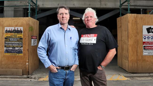 CFMEU’s Michael O’Connor with MUA’s Paddy Crumlin. Picture: Aaron Francis