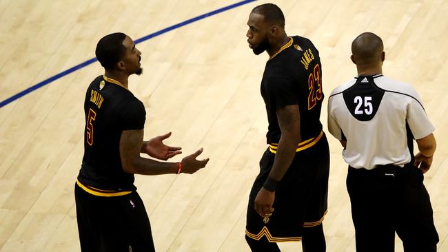 JR Smith and LeBron James search for answers. Picture: AFP