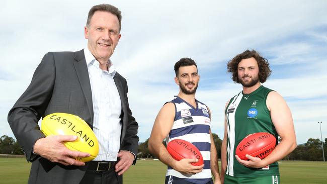 Eastland general manager Greg Balmforth celebrates the centre’s sponsorship deal with EFL players Chris Annakis and Jackson Freeman. Picture: Hamish Blair.