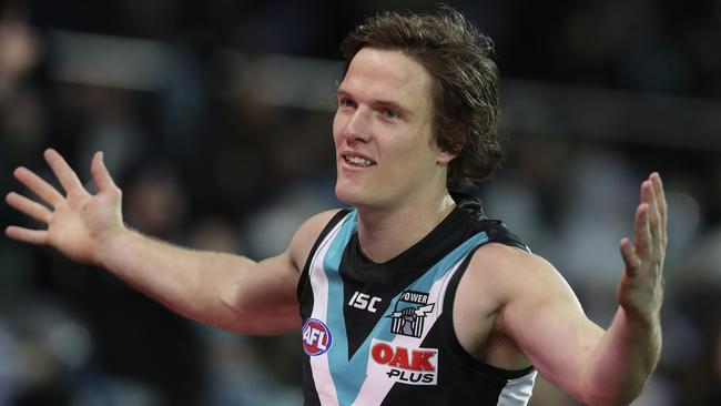 Power’s Jared Polec celebrates his goal with the crowd. Picture SARAH REED