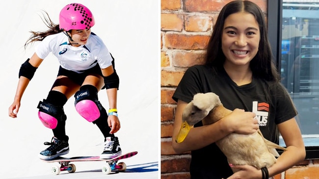 Arisa Trew in action at the Olympics, left, and with her pet duck. Picture: Michael Klein