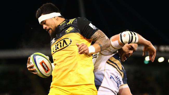 Vaea Fifita of the Hurricanes wins line out ball against the Brumbies on Friday night.