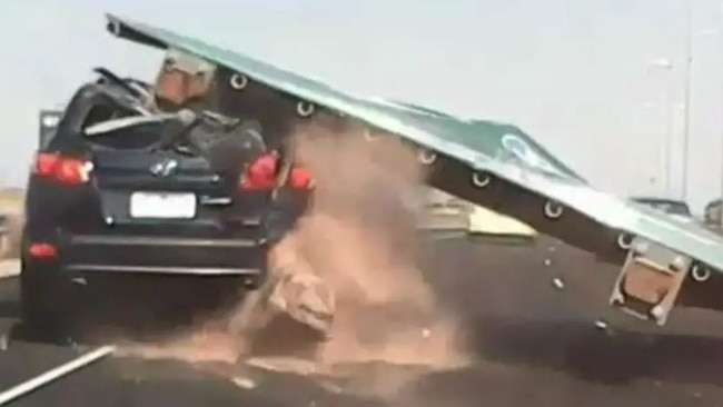 A dashcam image showing the sign after it fell on the Tullamarine freeway. Picture: Channel 9