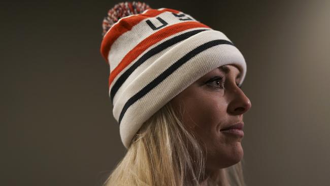 United States' Lindsey Vonn answers questions after receiving a letter of appreciation for her grandfather's service during the Korean War in Jeongseon, South Korea, Thursday, Feb. 22, 2018. (AP Photo/Felipe Dana)