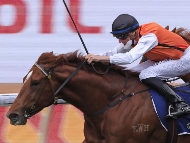 SYDNEY, AUSTRALIA - SEPTEMBER 25: Nash Rawiller on Ellsberg wins race 10 the Elite Sand & Soil Handicap  during Sydney Racing on Golden Rose Day at Rosehill Gardens on September 25, 2021 in Sydney, Australia. (Photo by Mark Evans/Getty Images)