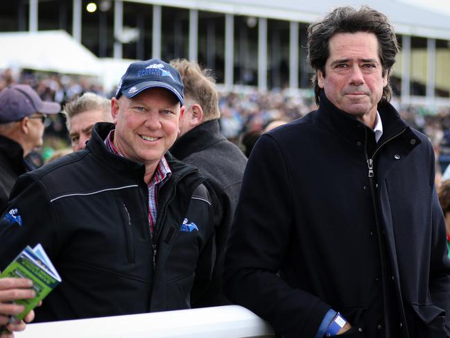 Gillon McLachlan with Wylie Dalziel at Warrnambool Racecourse on May 1, 2024. Picture: Getty