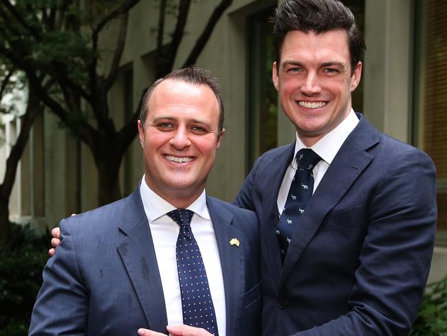 Tim Wilson and partner Ryan Bolger after they became engaged in Canberra in 2017. Picture: Kym Smith