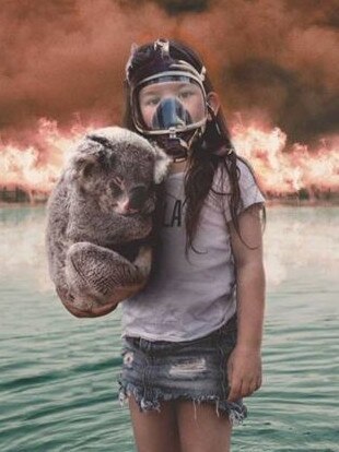 A photoshopped image of a girl holding a koala.