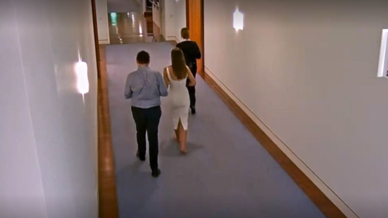 CCTV vision showed the two entering Parliament House at 1.47am and being escorted to the lift. Picture: 7 News