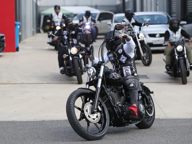 Finks bikies rumbling out of their Cranbourne clubhouse. Picture: David Crosling