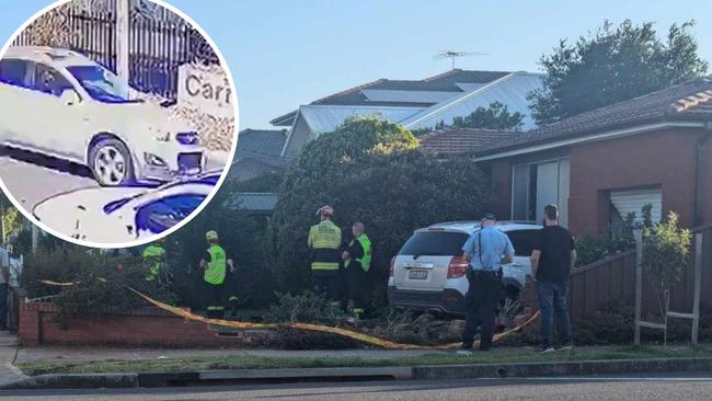 A car rests against a house after speeding (inset) down Nottinghill Rd in Regents Park and veering off the road. Pictures: Supplied