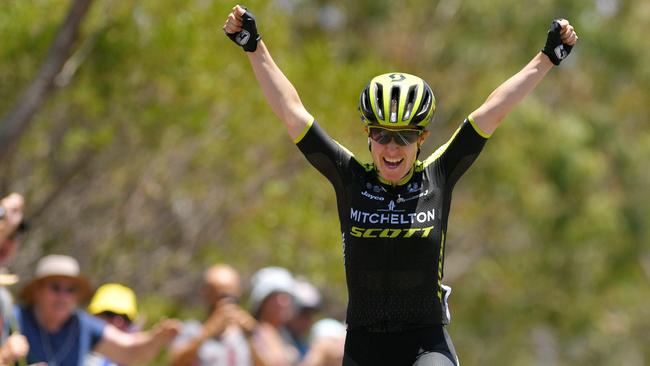 Defending champion Amanda Spratt celebrates after winning Stage 2 of the Santos Women´s Tour Down Under. Picture: Tim de Waele/Getty Images