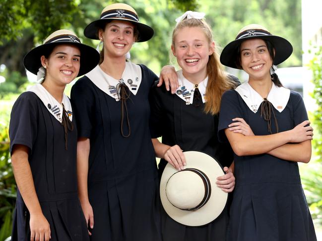 St Aidan's Anglican Girls School’s Paris Teevan, 17, Annabelle Burke, 17, Lilyan Sullivan, 17, Lara Soo, 16, is one of the state's top OP girls' schools. Picture: Steve Pohlner