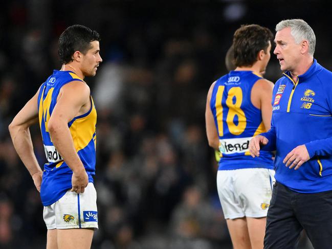 Adam Simpson speaks to his players. Picture: Morgan Hancock/AFL Photos via Getty Images.