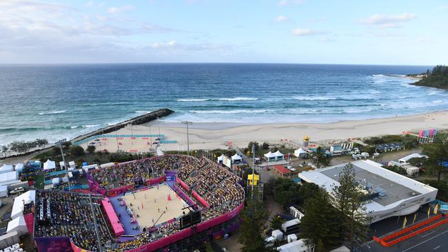 General view of the stadium during the gold medal match between Christopher McHugh and Damien Schumann of Australia and Samuel Pedlow and Sam Schachter of Canada during the mens Beach Volleyball Gold Medal match at Coolangatta Beach on day eight of the XXI Commonwealth Games on the Gold Coast, Australia, Thursday, April 12, 2018. (AAP Image/Darren England)